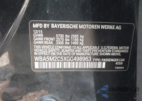 2016 BMW 535I Gran Turismo из США, поврежденный, VIN WBA5M2C5XGG498963